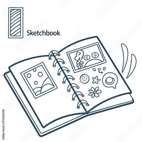 Open sketchbook with drawings, showcasing creativity and artistic expression, perfect for illustrating art, design, or personal journaling concepts