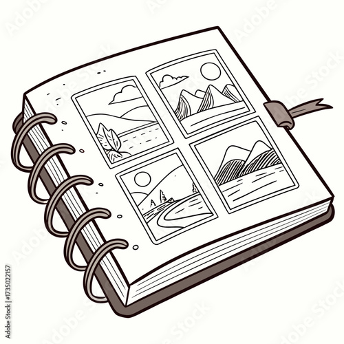 An open notebook with landscape drawings, featuring scenes of mountains, lakes, and trees, capturing the beauty of nature in a sketchbook style