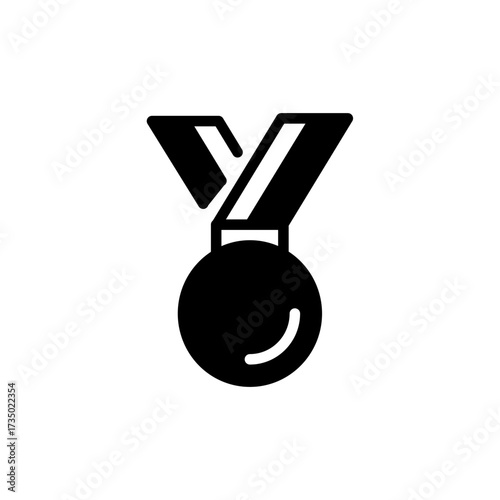 Clean, minimalist black silhouette icon of a medal with a ribbon, symbolizing top achievement, success, victory, and award for excellence in any field