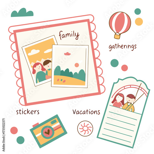 A charming scrapbook layout illustration, showcasing family vacations, gatherings, and stickers, perfect for preserving precious moments and memories