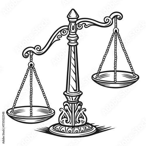 Monochrome illustration of a vintage balance scale, symbolizing justice, equilibrium, and legal matters, ideal for law and finance