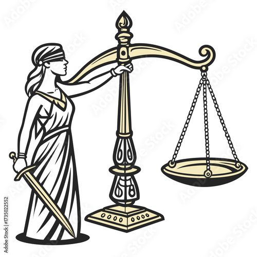 Illustration of lady justice with scales and sword, representing law, fairness, and the legal system