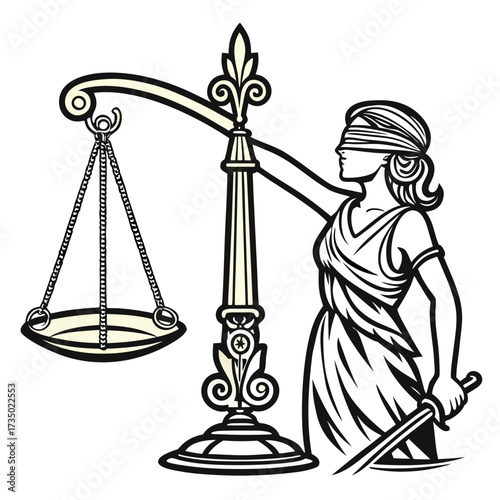 Illustration of lady justice with scales and sword, representing law, fairness, and the legal system