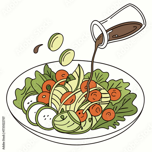 A vibrant salad, featuring fresh lettuce, juicy tomatoes, crisp cucumbers, and a drizzle of savory dressing, creating a healthy and delicious culinary experience