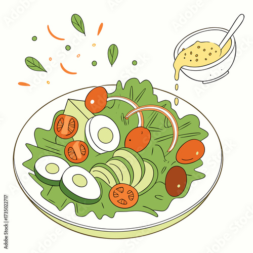 A refreshing salad, featuring crisp lettuce, juicy tomatoes, creamy avocado, and hardboiled eggs, topped with a zesty dressing for a balanced and flavorful dish