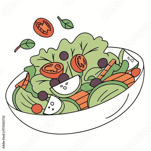 A colorful salad, bursting with fresh lettuce, ripe tomatoes, crunchy cucumbers, and savory olives, offering a delightful and nutritious culinary experience