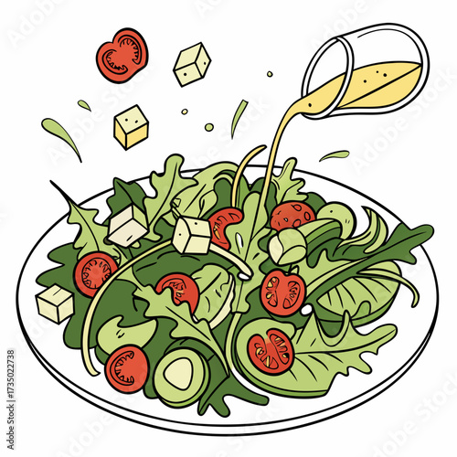 Overhead view of a fresh salad with tofu, tomatoes, cucumber, and arugula in a bowl being poured with dressing healthy eating and vegetarian food concept