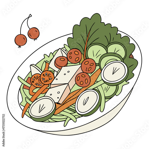 Overhead view of a fresh salad with tofu, tomatoes, carrots, cucumber, and lettuce in a bowl healthy eating and vegetarian food concept