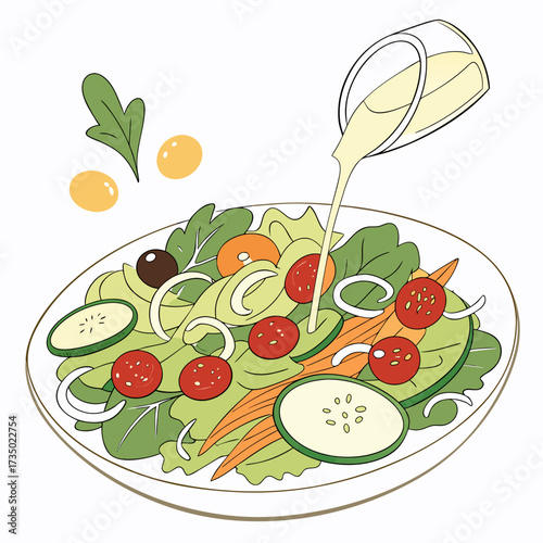 A vibrant salad, featuring fresh greens, juicy tomatoes, crisp cucumbers, and a tangy dressing being poured over it, creating a healthy and delicious meal