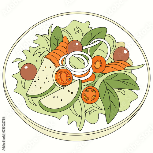 Overhead view of a fresh salad with tomatoes, carrots, cucumber, onion, and lettuce in a bowl healthy eating and vegetarian food concept