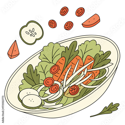 Illustration of a vegetable salad, a vibrant and nutritious dish featuring fresh lettuce, carrots, tomatoes, cucumbers, and onions