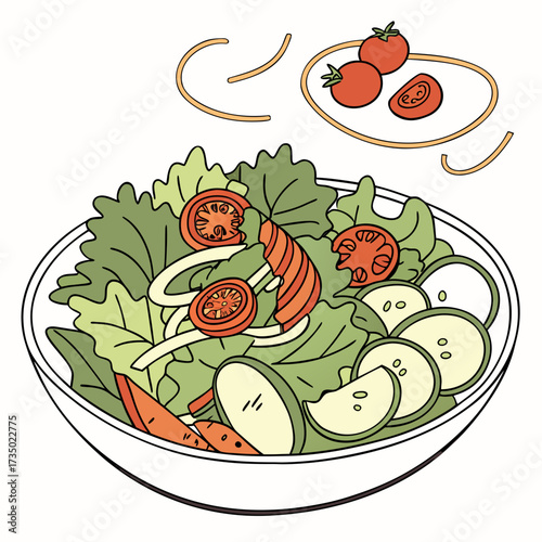 Illustration of a fresh salad, a healthy dish made with lettuce, tomato, cucumber, carrot and onion, perfect for a light and nutritious meal