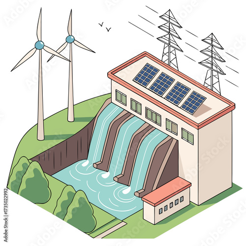 Isometric illustration showcasing renewable energy sources, including a hydroelectric dam, wind turbines, and solar panels, symbolizing sustainable power generation