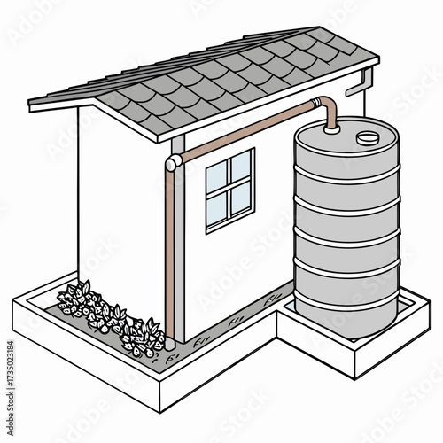 Illustration of a rainwater harvesting system with a house, gutter, pipe, and water tank, showcasing sustainable water management and conservation practices