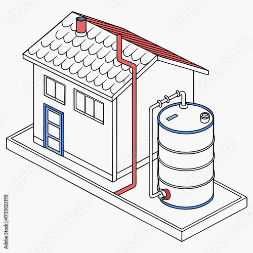 Illustration of a rainwater harvesting system with a colorful house, gutter, pipe, and water tank, showcasing sustainable water management