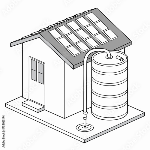 Illustration of a rainwater harvesting system with solar panels, showcasing sustainable water and energy management for ecofriendly homes