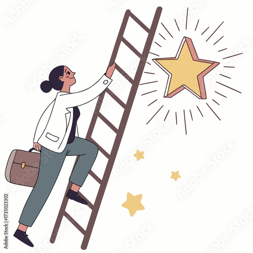 A businesswoman climbing the ladder to success, she is determined to reach the star, with a briefcase in her hand