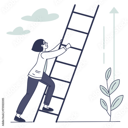 A woman is climbing the ladder to success, she is determined to reach the top, with clouds and a plant in the background