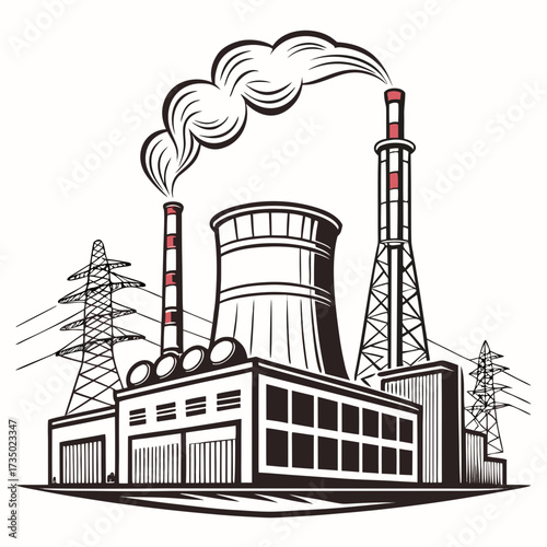 Monochrome illustration of a nuclear power plant with cooling towers and chimneys, emitting smoke, showcasing energy production and industrial infrastructure