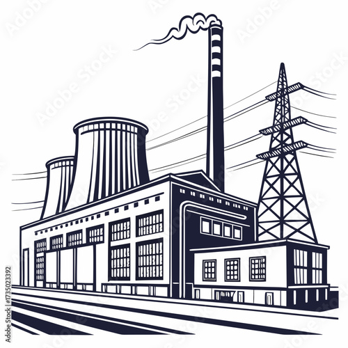 Power plant illustration, showcasing energy production, industrial architecture, and the infrastructure of electricity generation in a monochrome style