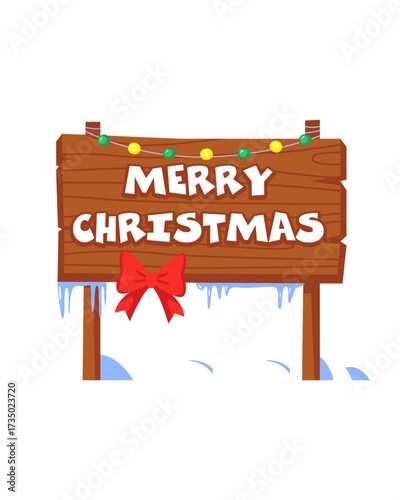 Festive wooden sign with Merry Christmas greeting, decorated with colorful holiday lights, a red bow, and frosty icicles in the snow
