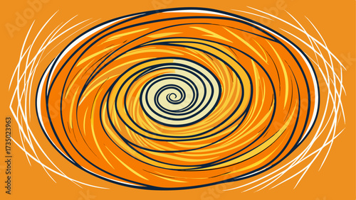 hand-drawn vector spiral vortex in bright orange, yellow, and blue, surrounded by loose white strokes on a solid orange background. Ideal for abstract, hypnotic, motion, and energetic design concepts.