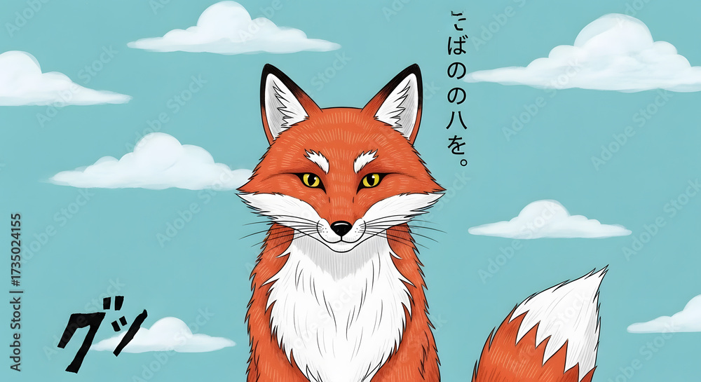 Obraz premium Fox in the Sky: A captivating illustration of a fox with a stern expression against a backdrop of a blue sky with white clouds, exuding an aura of silent confidence and poised watchfulness.