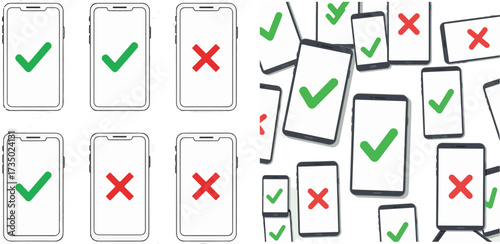 Mobile Devices with Green Checkmarks and Red Crosses in Mixed Styles and Pattern