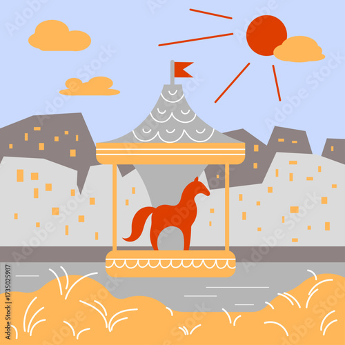 Minimalist amusement park featuring a horse merry-go-round and city skyline. Hand-drawn whimsical vintage carousel in an urban park. Vector illustration in contemporary design.