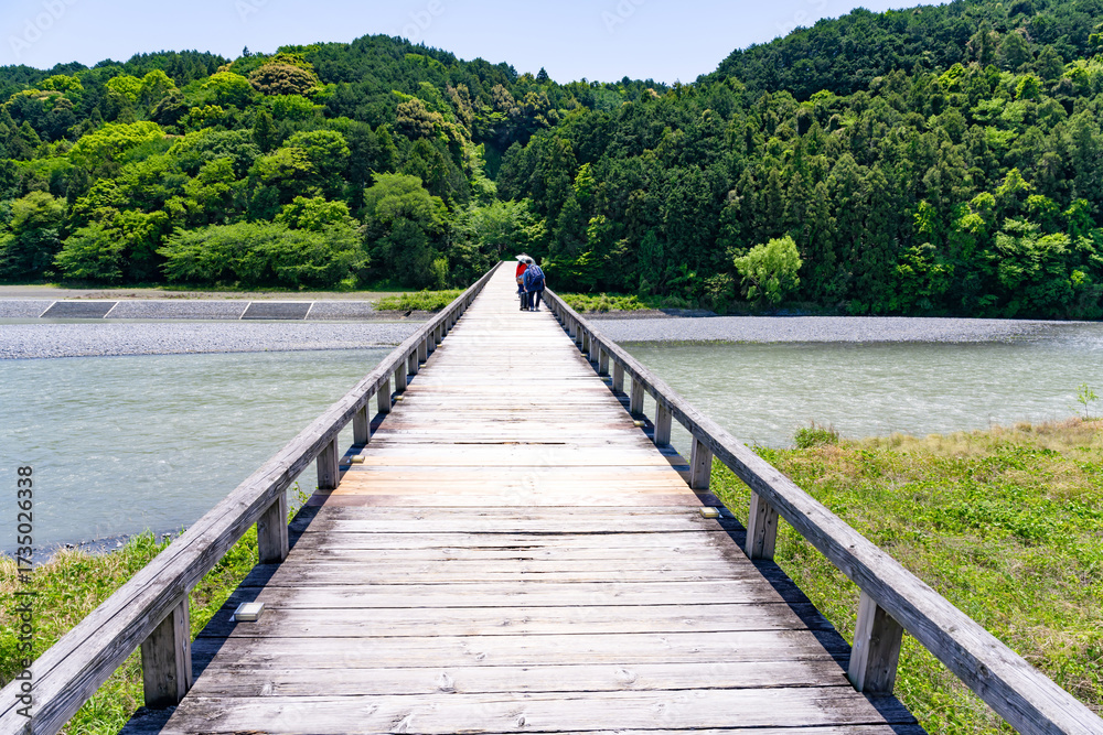 Naklejka premium 静岡県島田市 蓬莱橋と大井川