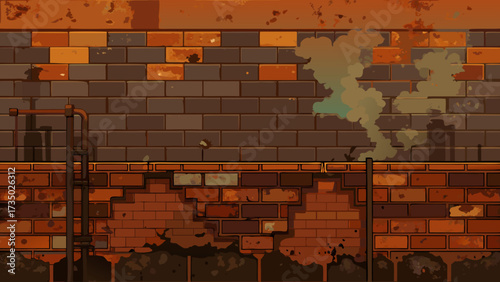 Gritty, pixel-style vector background of an industrial urban brick wall and rusted fence with pipes and smoke, in a dark, warm color palette. Ideal for game levels, urban art, or grunge themes.