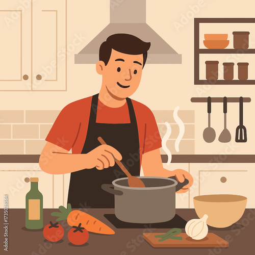 Man cooking food illustration kitchen scene Flat Vector  