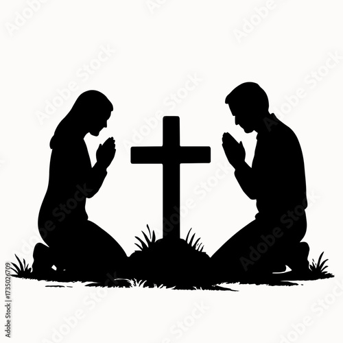 Christian silhouette couple praying at cross vector illustration
