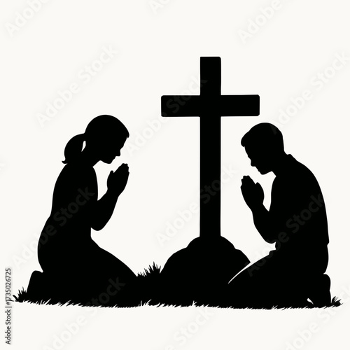 Christian silhouette couple praying at cross vector illustration