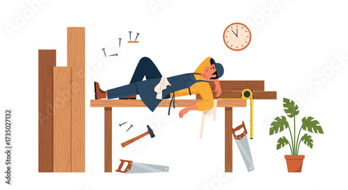 Tired Carpenter Relaxing on Workbench with Tools and Plant Time to Rest.