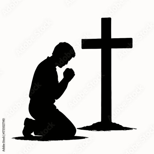 Silhouette of a person kneeling in prayer before a cross on vector illustration