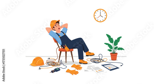 Exhausted Construction Worker Resting on Chair with Tools and Plant Nearby.