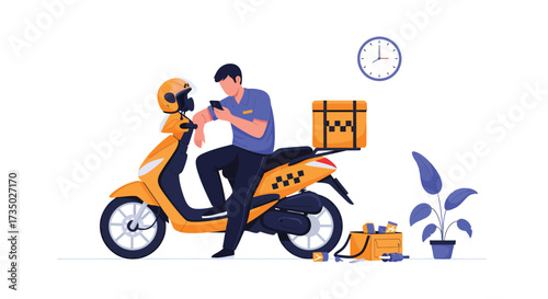 Courier on Yellow Scooter Checking Phone with Delivery Box and Clock.