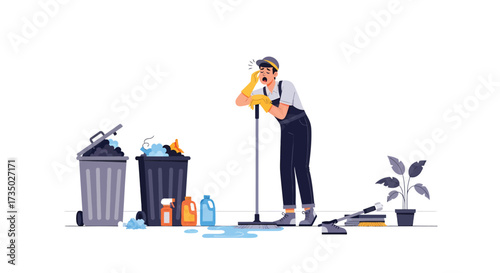 Exhausted Janitor Leaning on Mop Amidst Messy Cleaning Supplies and Trash.