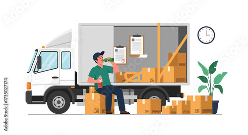 Delivery Man Sipping a Drink While Resting on Boxes Beside a Truck.