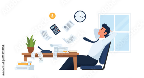 Relaxed Businessman with Floating Papers and Calculator in Office Scene.