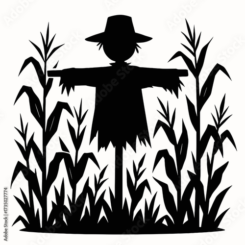 Scarecrow in Cornfield Harvest Season silhouette vector 