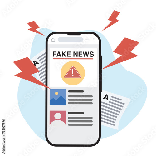 Fake news on a media website. There's an illustration of a megaphone outside a cell phone. Stock Illustration