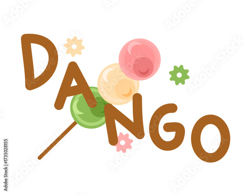 Traditional Japanese colorful dango on a skewer, vector illustration. Cute kawaii icon of Japanese tri-color mochi dumplings with lettering.