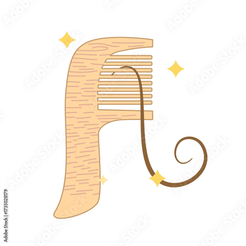 Sustainable wooden comb with hair strand, eco-friendly hair care illustration. Vector graphic.