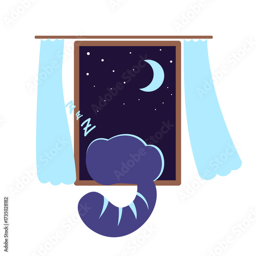 Cosy illustration of a cat sleeping on a windowsill under a starry night sky. Navy blue vector graphic about sleep on white background.