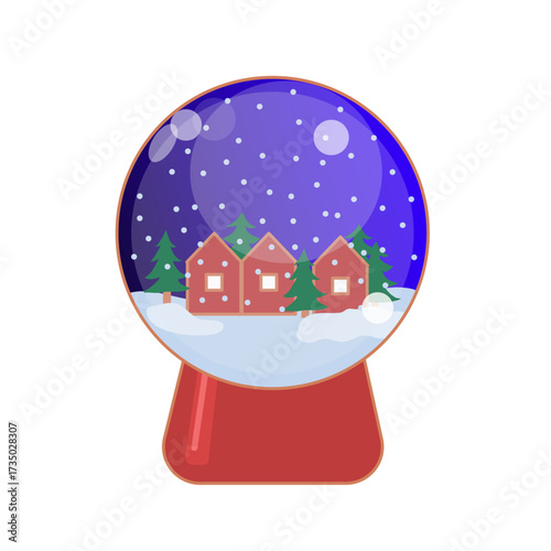 Winter snow globe vector illustration with cozy cottages and pine trees. Christmas glass ball featuring a snowy village scene for souvenirs isolated.