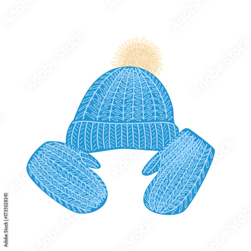 Pair of knitted mittens and beanie with pompom winter vector illustration. Hand-drawn cozy knitwear isolated for seasonal fashion and lifestyle.
