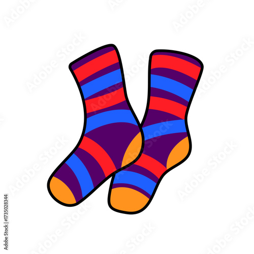 Vibrant striped pair of socks vector illustration with colourful lines. Cosy home clothes, party socks.