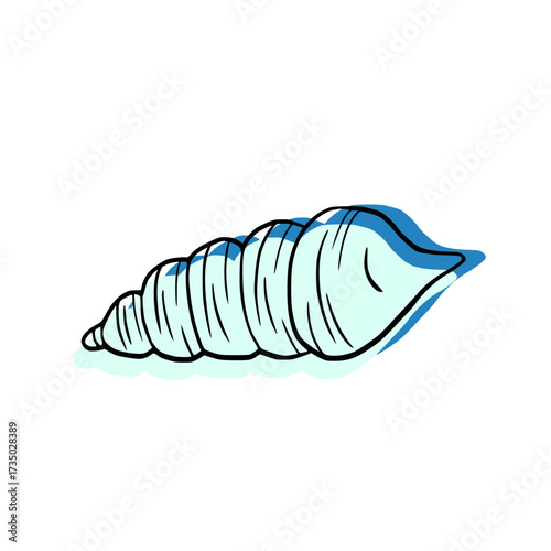 Modern spiral sea shell vector illustration for coastal branding. Minimalist auger seashell line art with blue offset colour vector illustration.